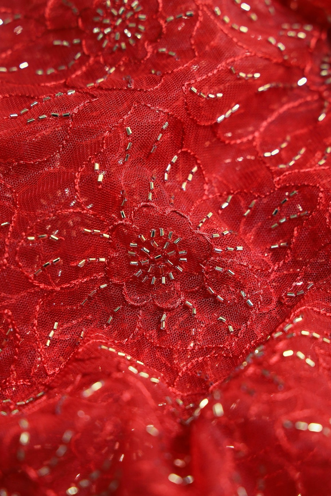 Red Thread With Beads Floral Embroidery Work On Red Soft Net Fabric - doeraa