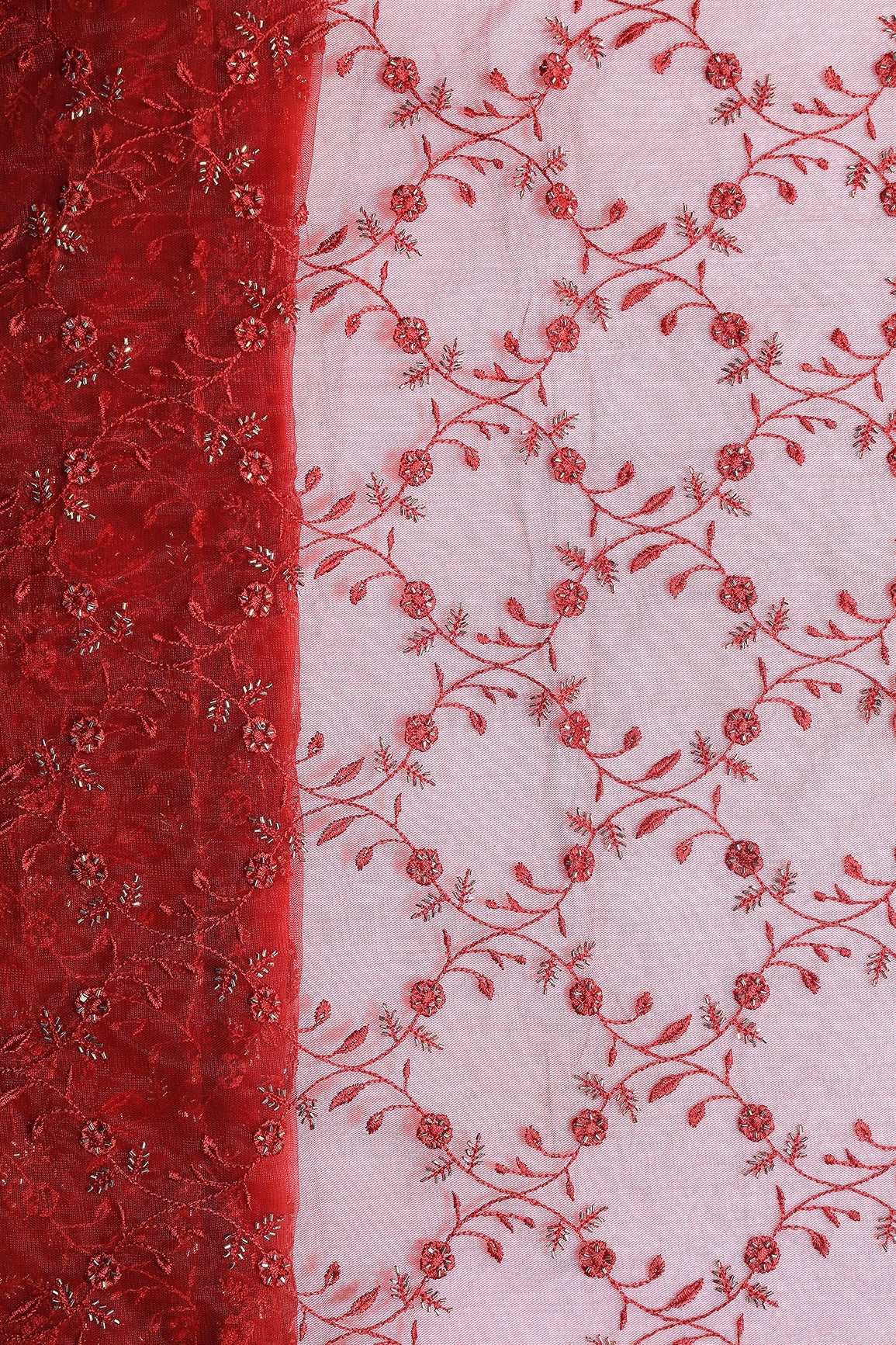 Red Thread With Beads Floral Leafy Embroidery Work On Red Soft Net Fabric - doeraa