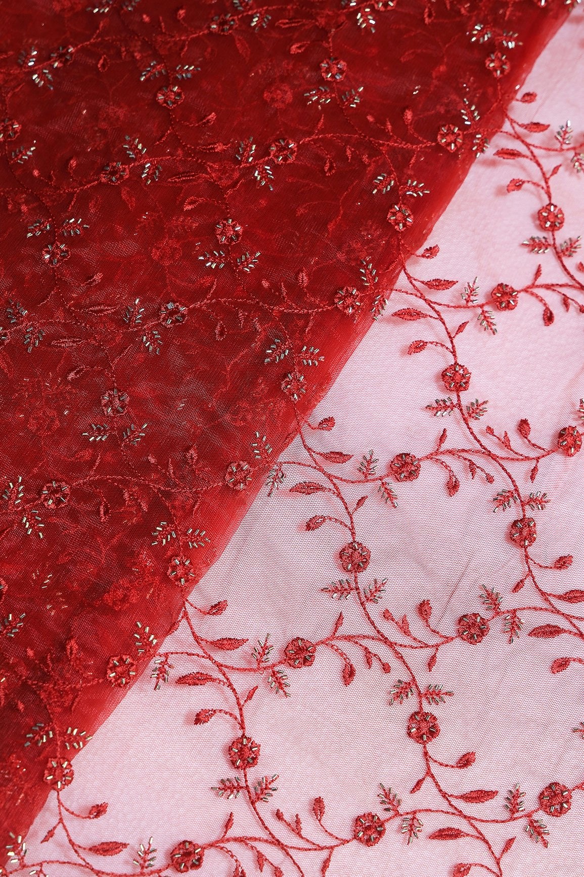 Red Thread With Beads Floral Leafy Embroidery Work On Red Soft Net Fabric - doeraa