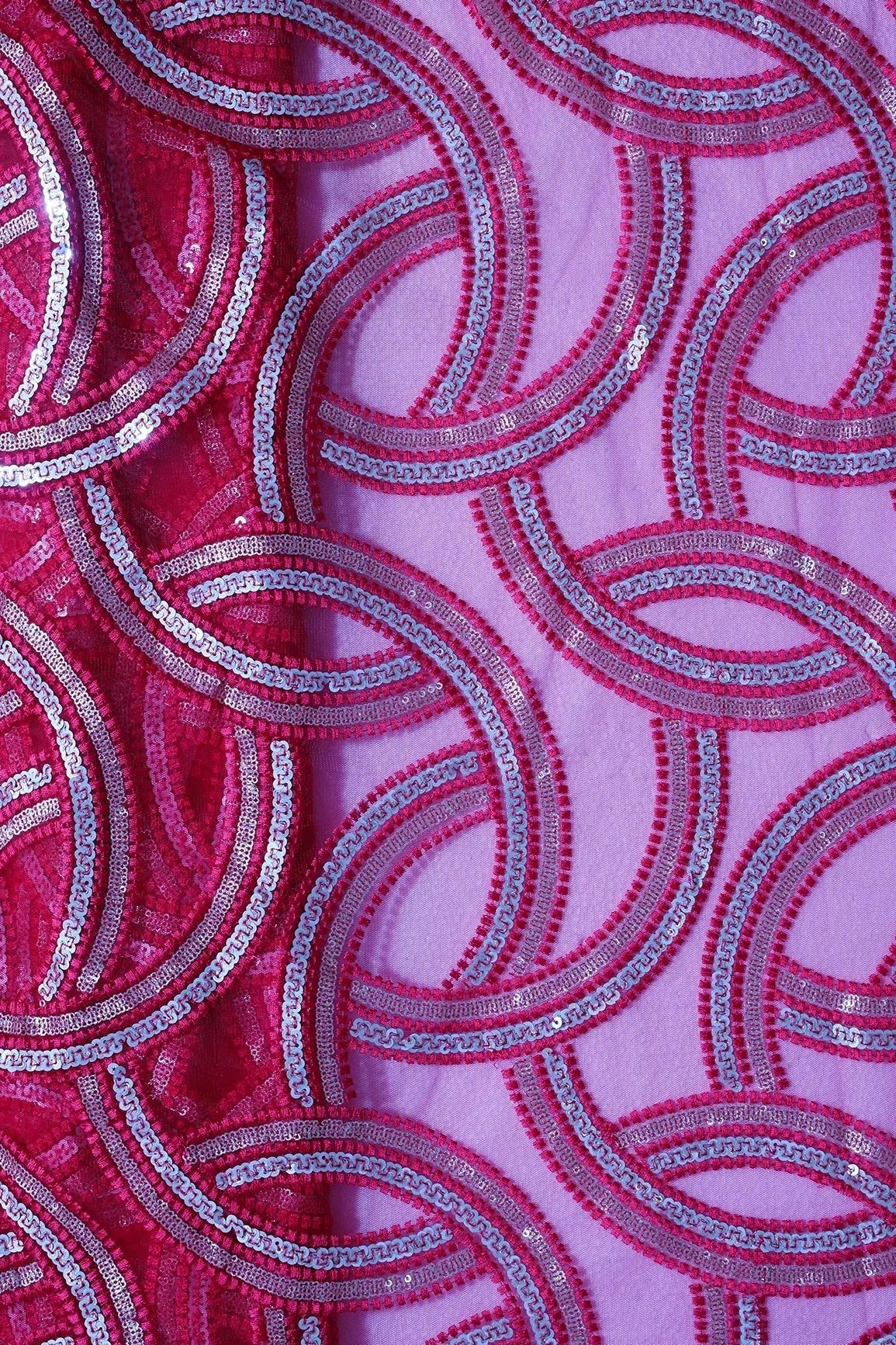Red Thread With Gold And Silver Sequins Geometric Embroidery On Cherry Red Soft Net Fabric - doeraa