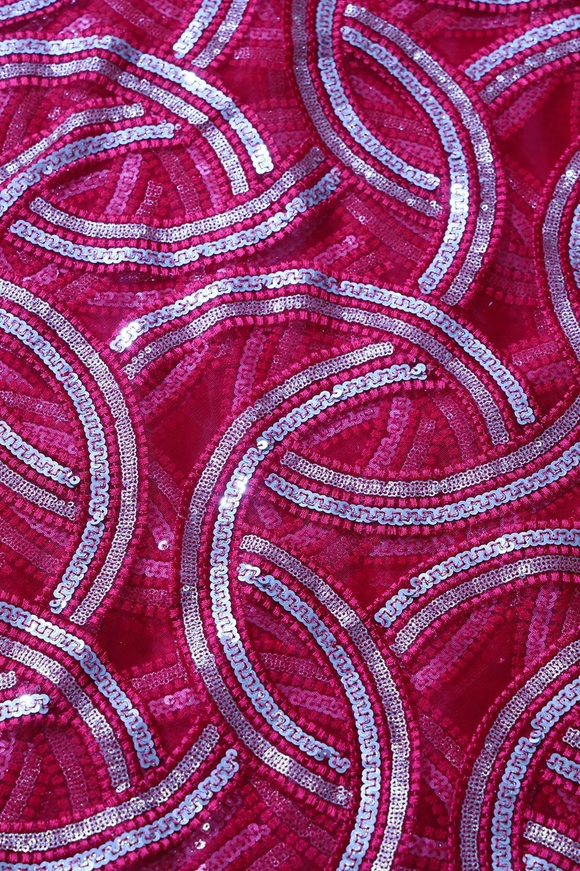 Red Thread With Gold And Silver Sequins Geometric Embroidery On Cherry Red Soft Net Fabric - doeraa