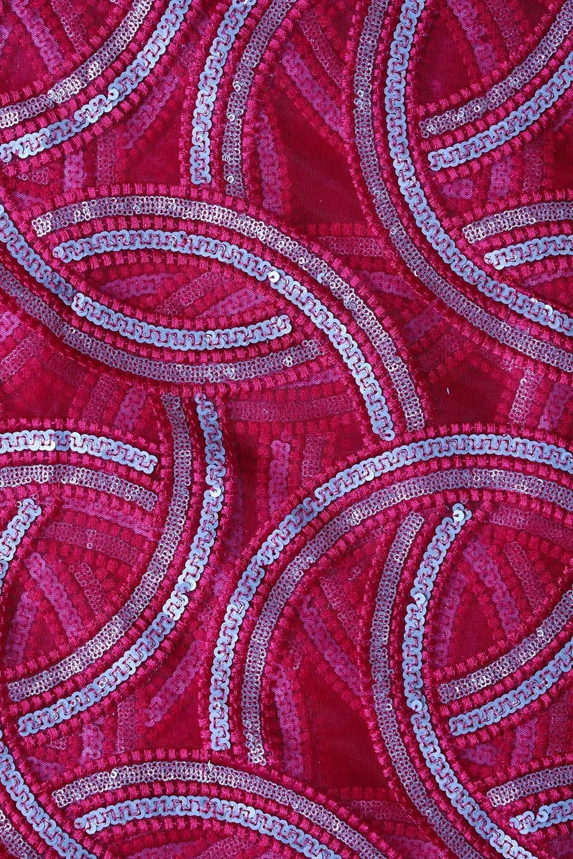Red Thread With Gold And Silver Sequins Geometric Embroidery On Cherry Red Soft Net Fabric - doeraa