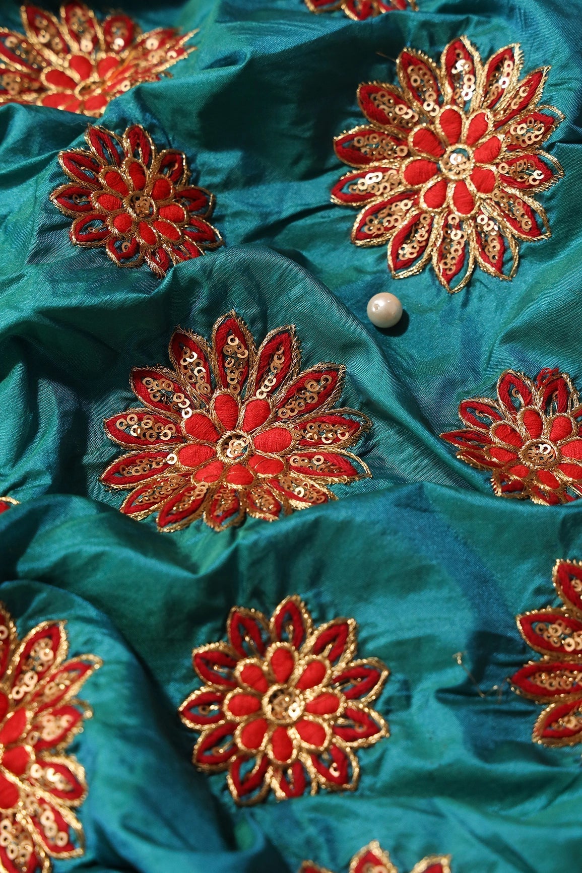 Red Thread With Gold Sequins Floral Butta Embroidery On Rama Paper Silk Fabric - doeraa