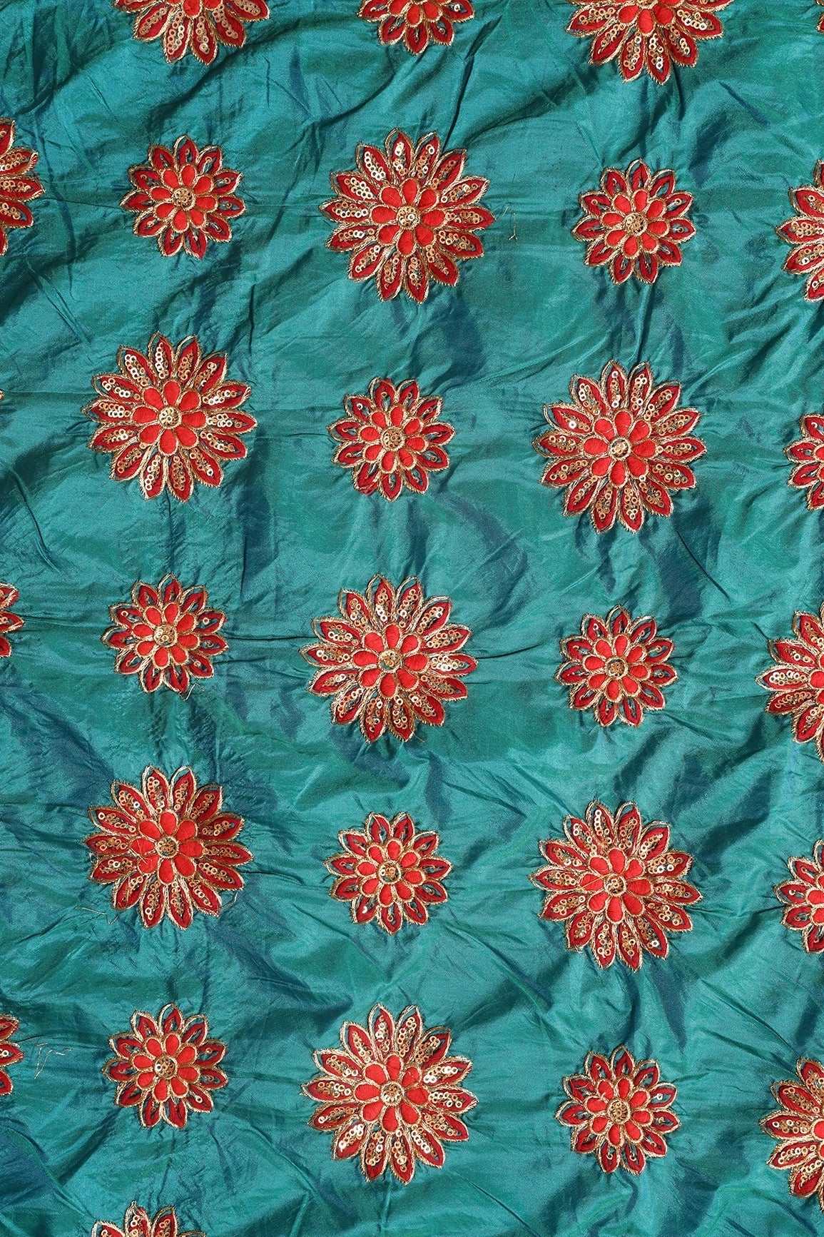 Red Thread With Gold Sequins Floral Butta Embroidery On Rama Paper Silk Fabric - doeraa