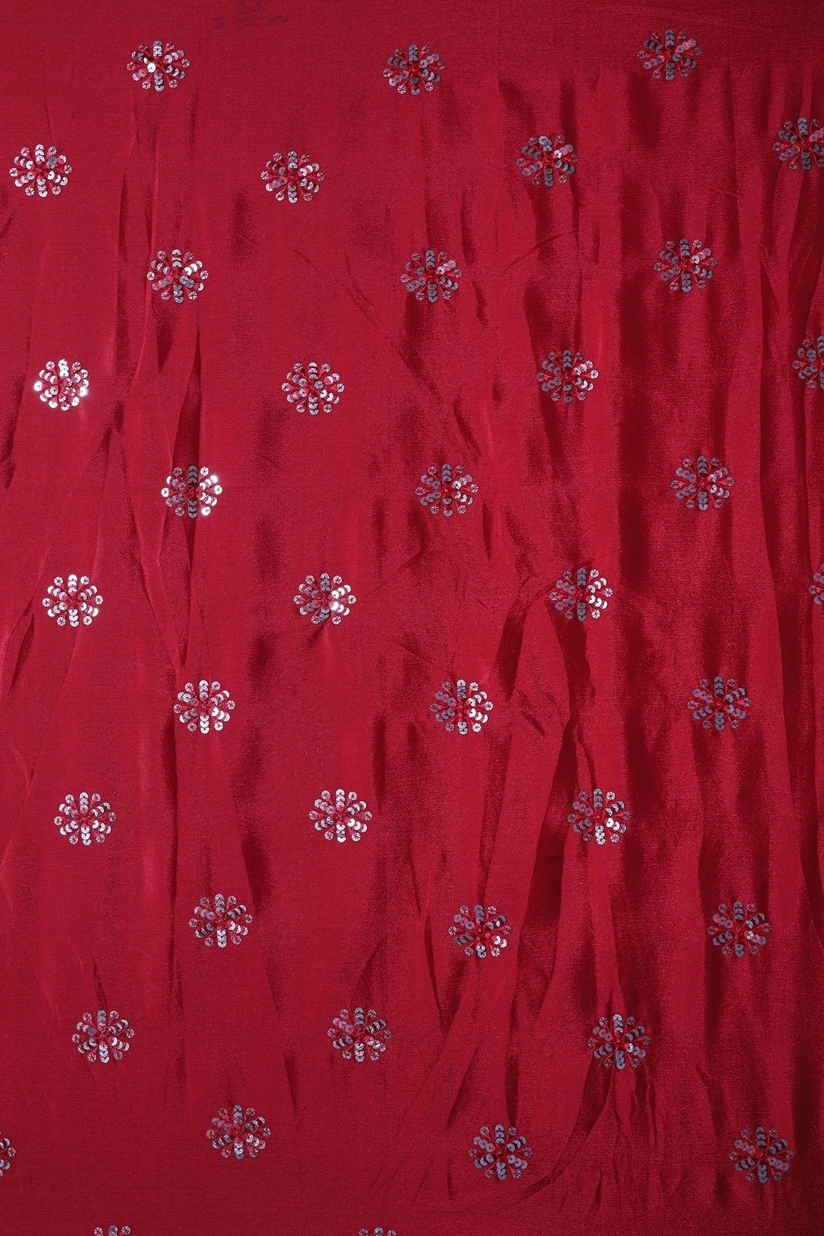 Red Thread With Gold Sequins Floral Butta Embroidery Work On Chinnon Chiffon Fabric - doeraa