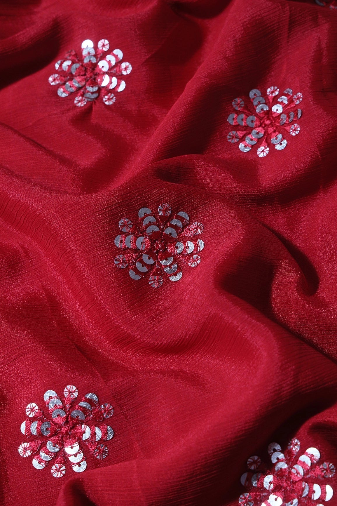 Red Thread With Gold Sequins Floral Butta Embroidery Work On Chinnon Chiffon Fabric - doeraa