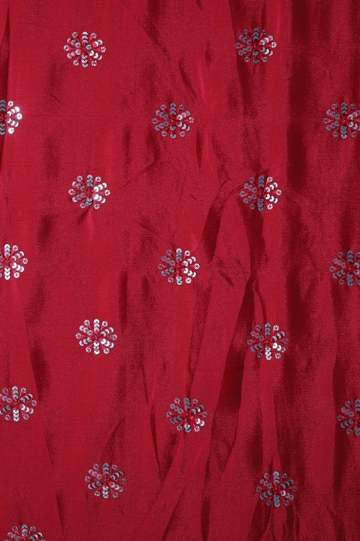 Red Thread With Gold Sequins Floral Butta Embroidery Work On Chinnon Chiffon Fabric - doeraa