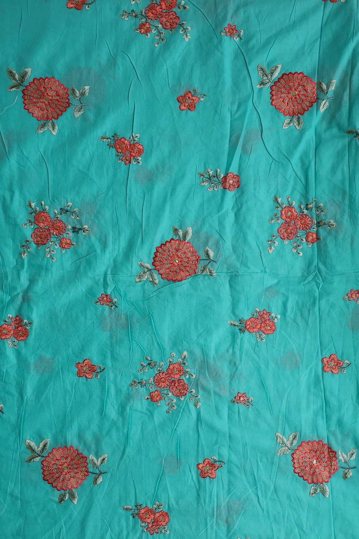 Red Thread With Gold Sequins Floral Embroidery On Turquoise Muslin Silk Fabric - doeraa