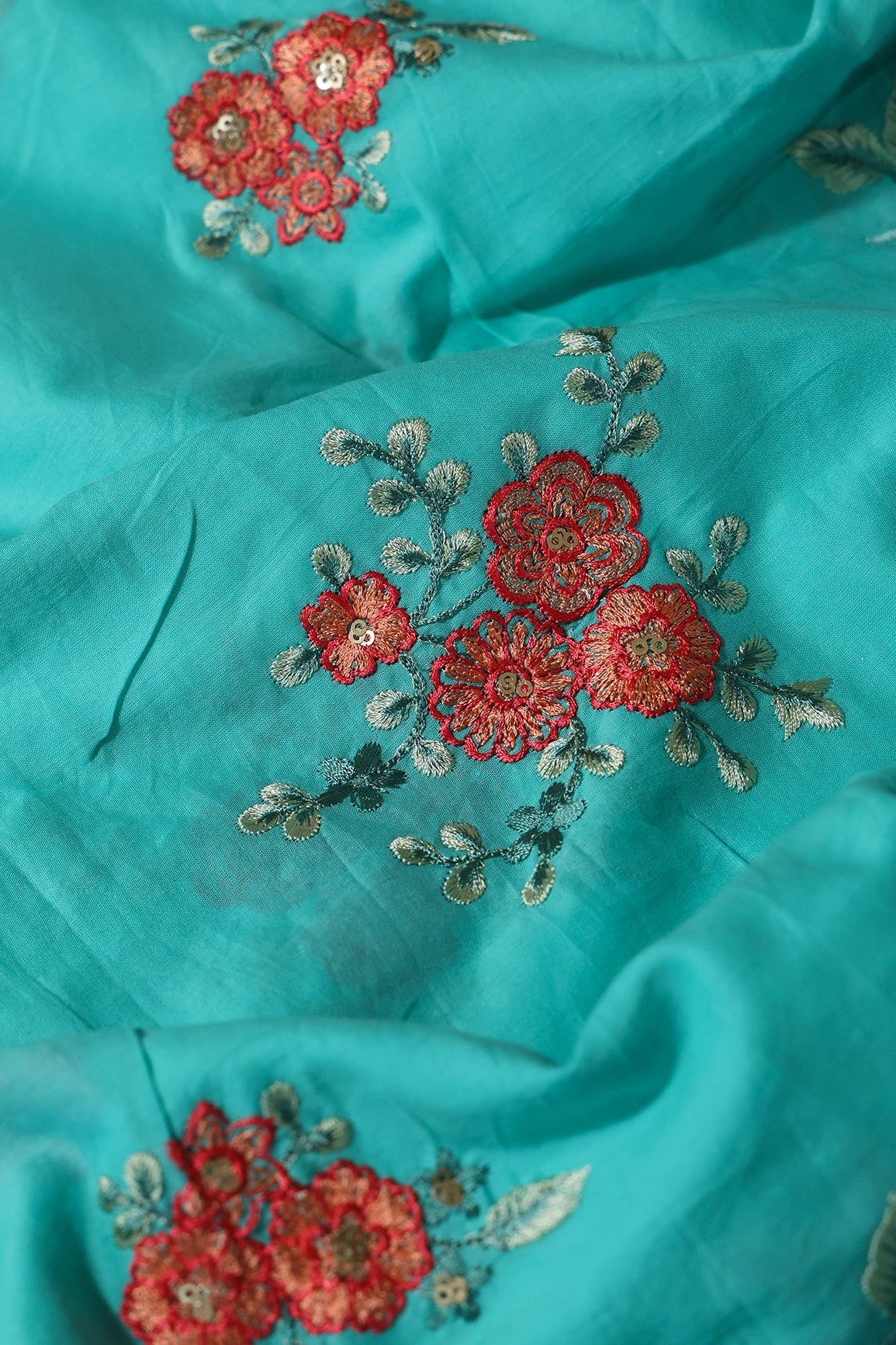 Red Thread With Gold Sequins Floral Embroidery On Turquoise Muslin Silk Fabric - doeraa