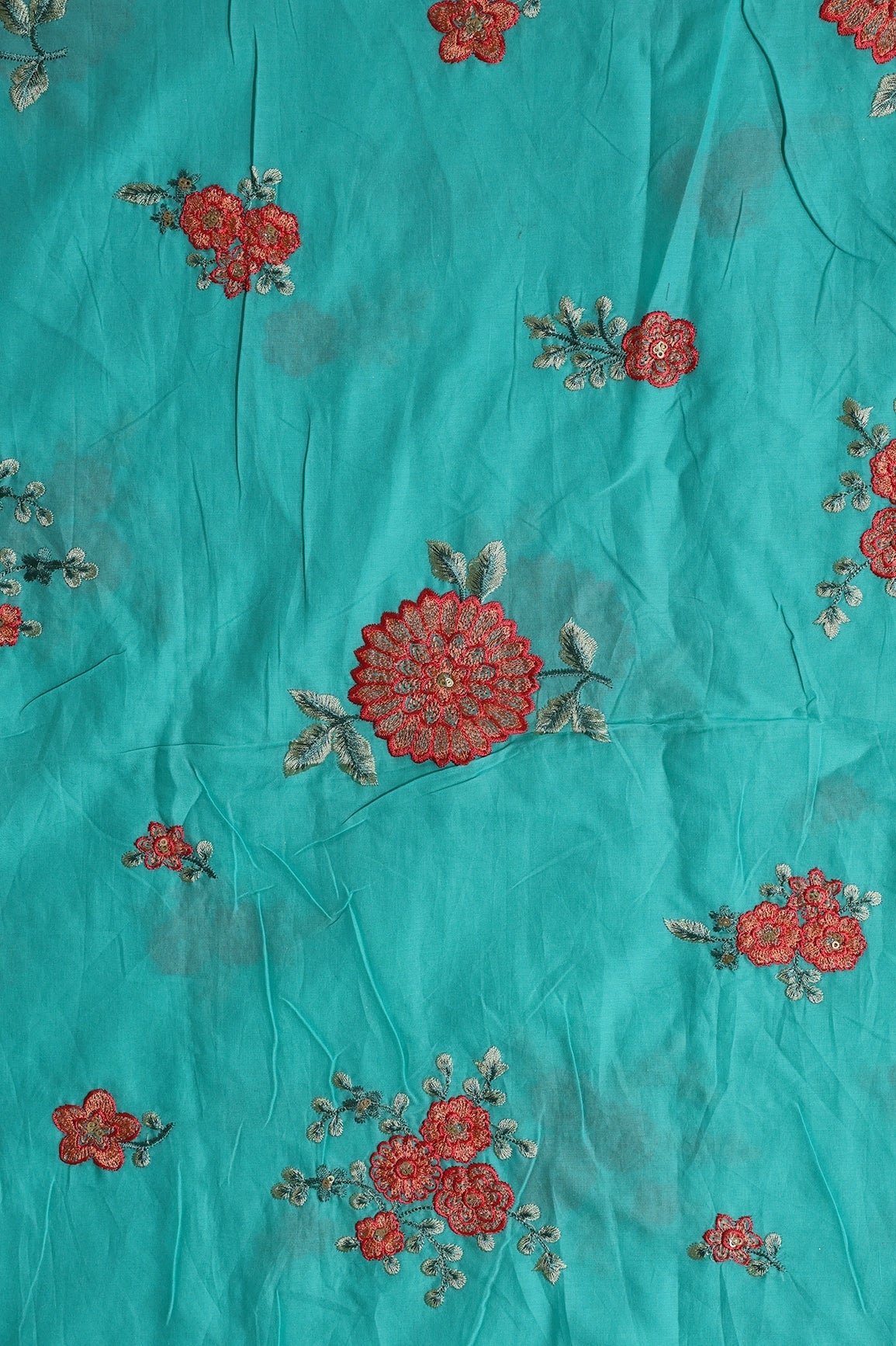 Red Thread With Gold Sequins Floral Embroidery On Turquoise Muslin Silk Fabric - doeraa