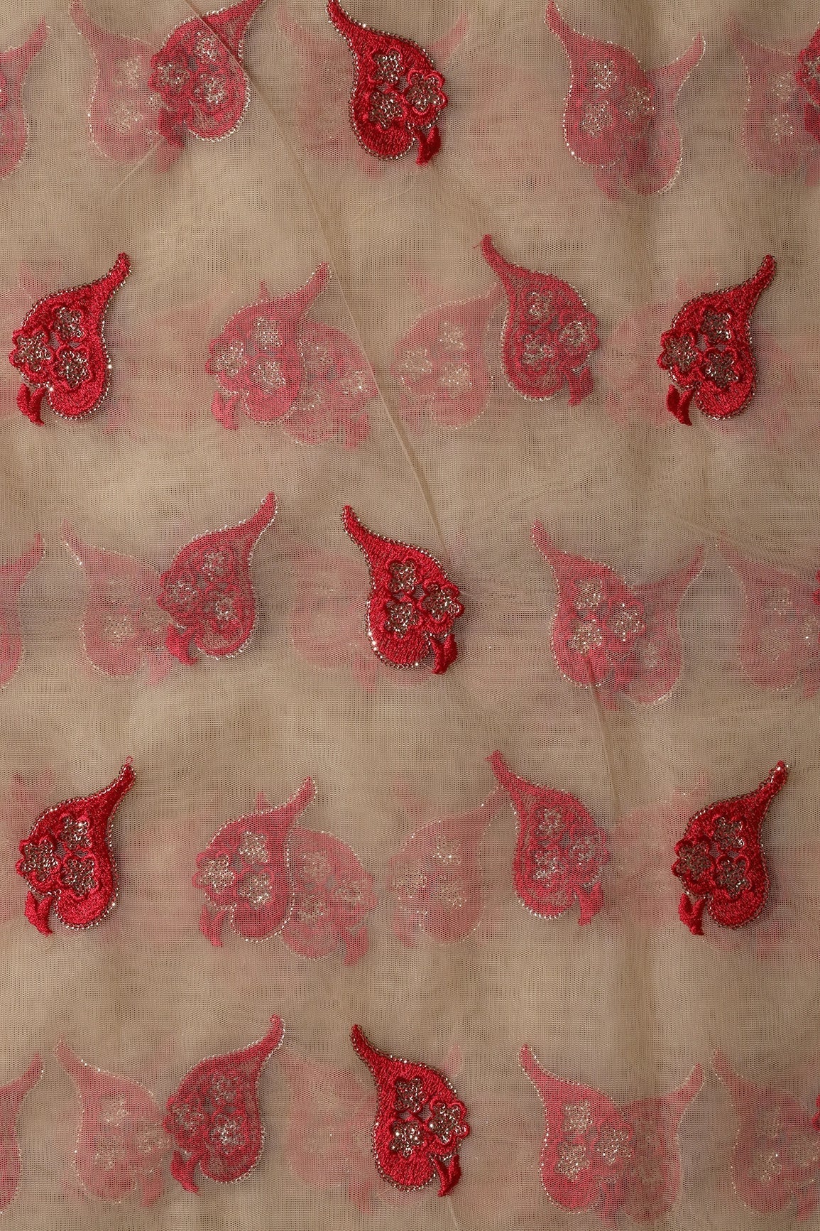 Red Thread With Gold Sequins Leafy Embroidery Work On Beige Soft Net Fabric - doeraa