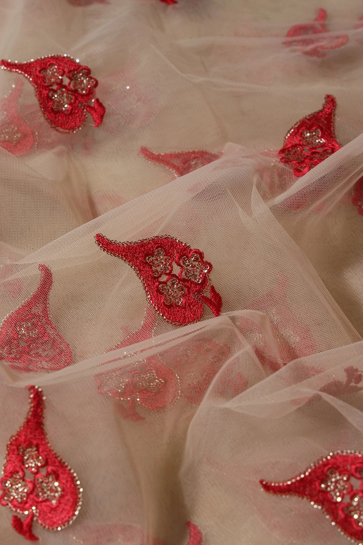 Red Thread With Gold Sequins Leafy Embroidery Work On Beige Soft Net Fabric - doeraa