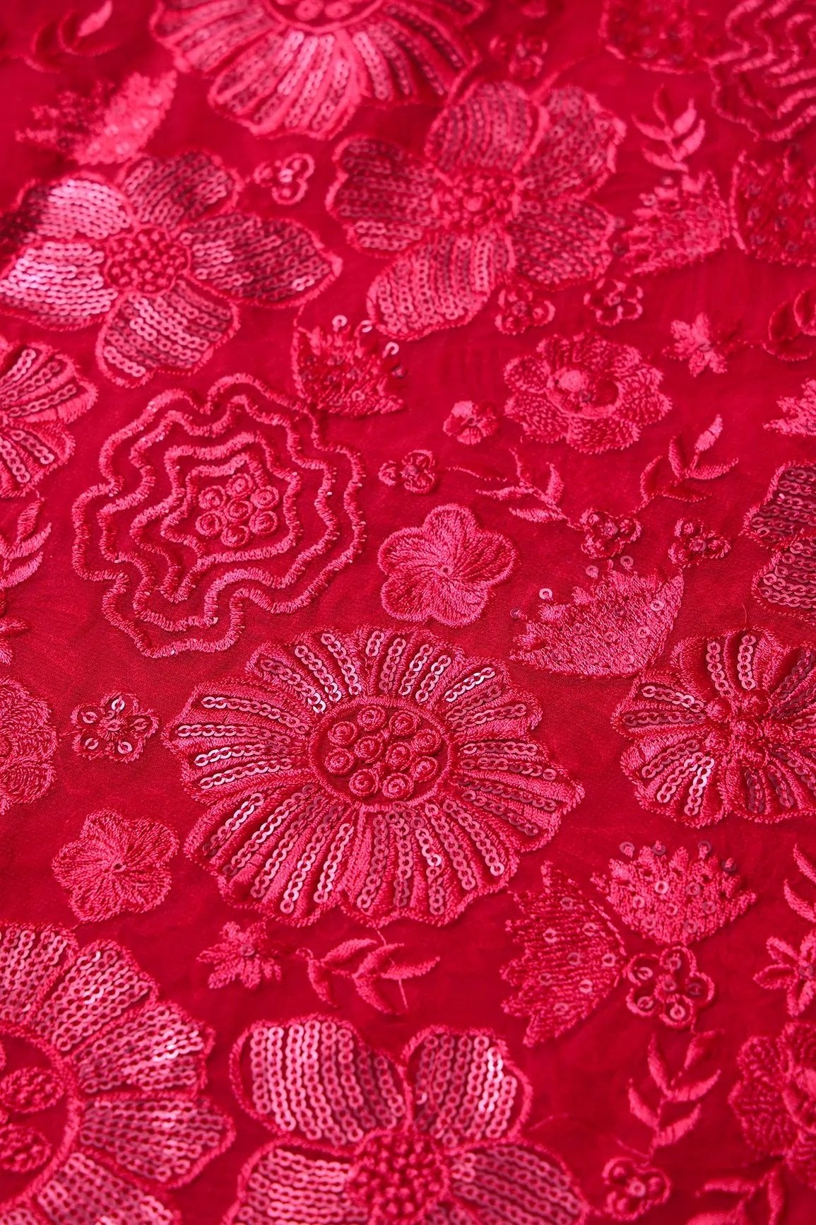 Red Thread With Red Sequins Floral Embroidery Work On Red Viscose Georgette Fabric - doeraa