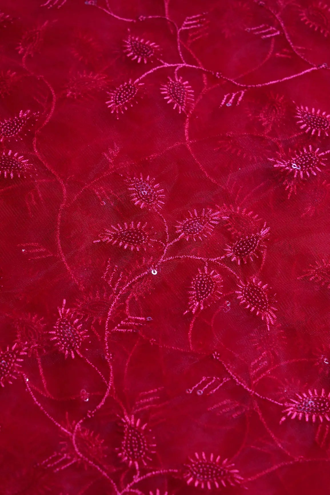 Red Thread With Red Sequins Leafy Embroidery On Cherry Red Soft Net Fabric - doeraa