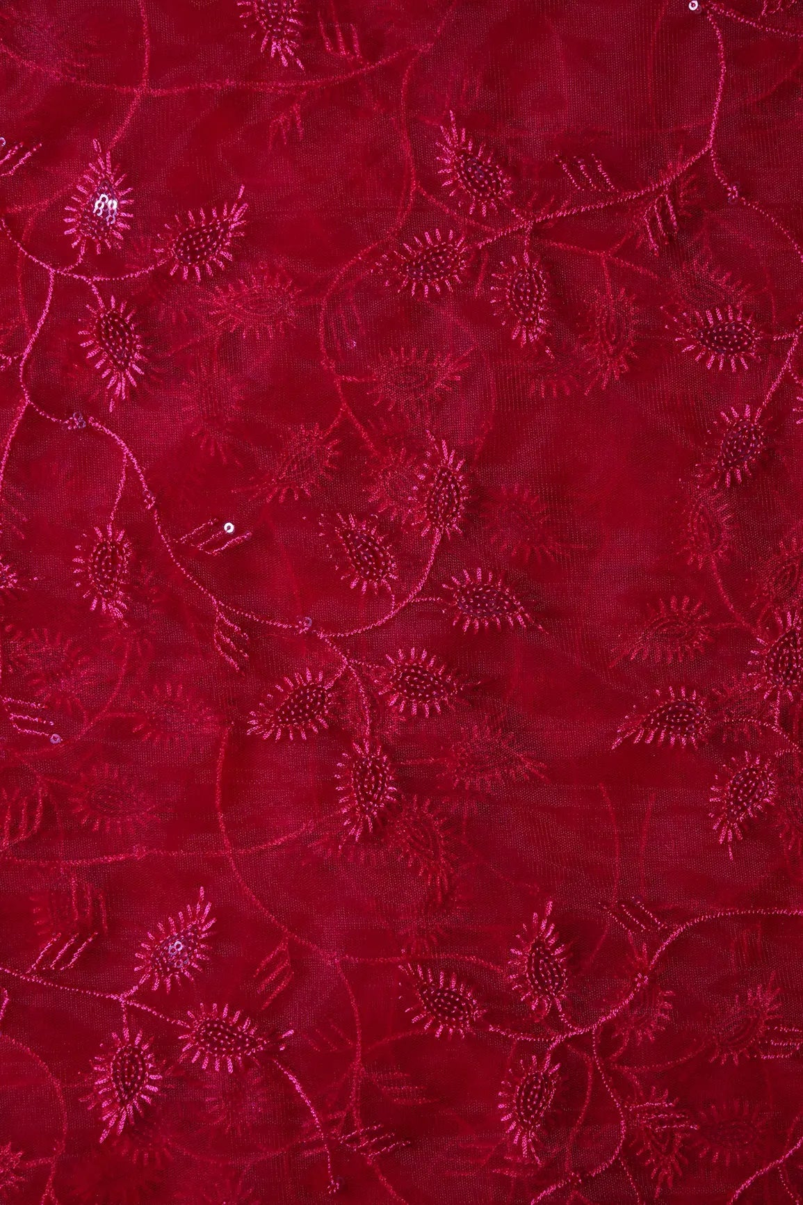 Red Thread With Red Sequins Leafy Embroidery On Cherry Red Soft Net Fabric - doeraa