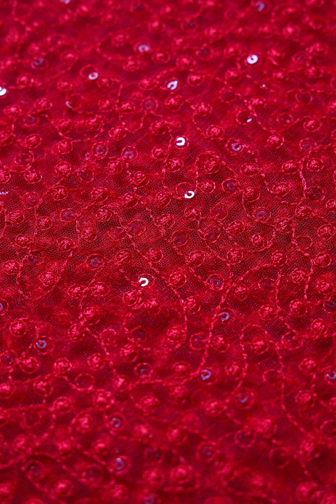 Red Thread With Red Small Sequins Abstract Embroidery Work On Red Soft Net Fabric - doeraa