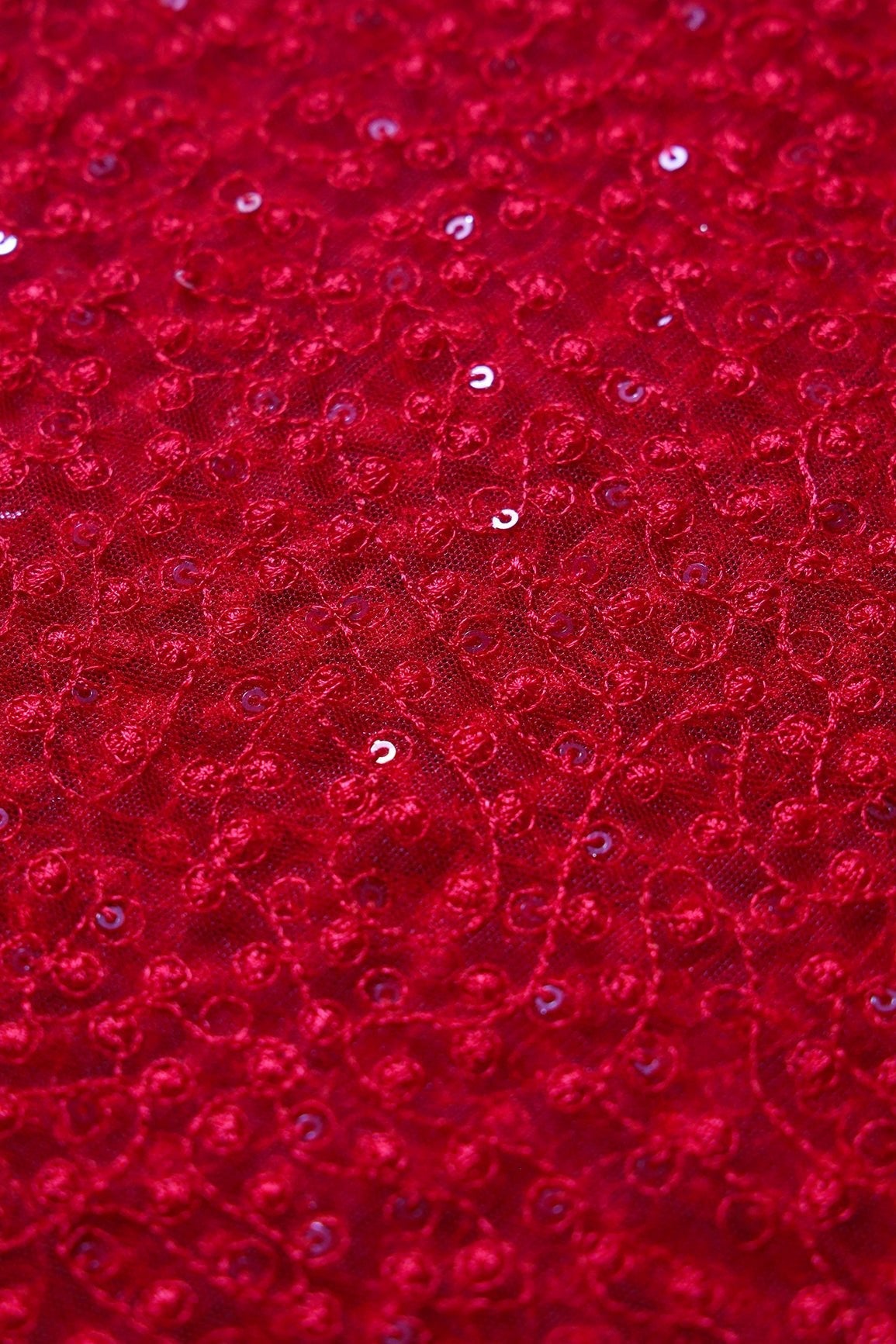 Red Thread With Red Small Sequins Abstract Embroidery Work On Red Soft Net Fabric - doeraa