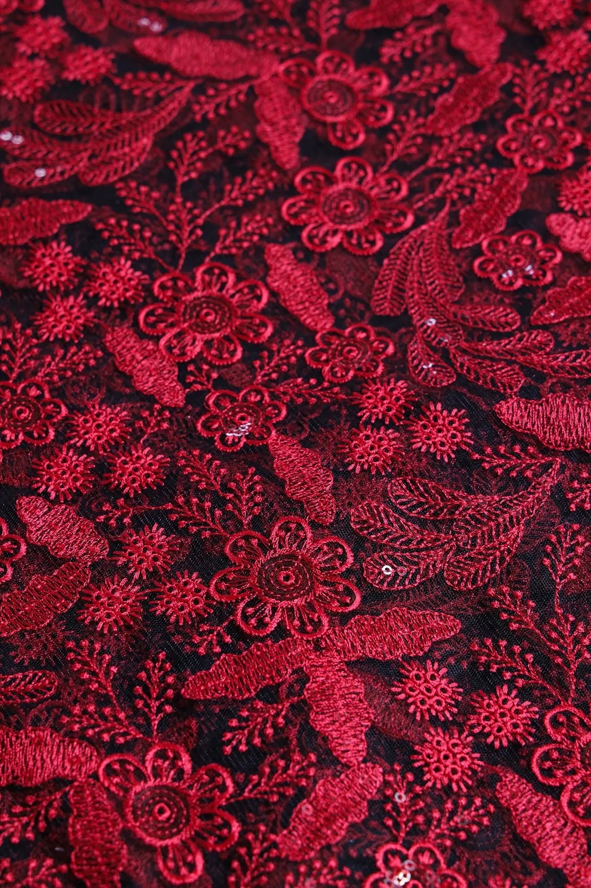 Red Thread With Sequins Floral Embroidery On Black Soft Net Fabric - doeraa