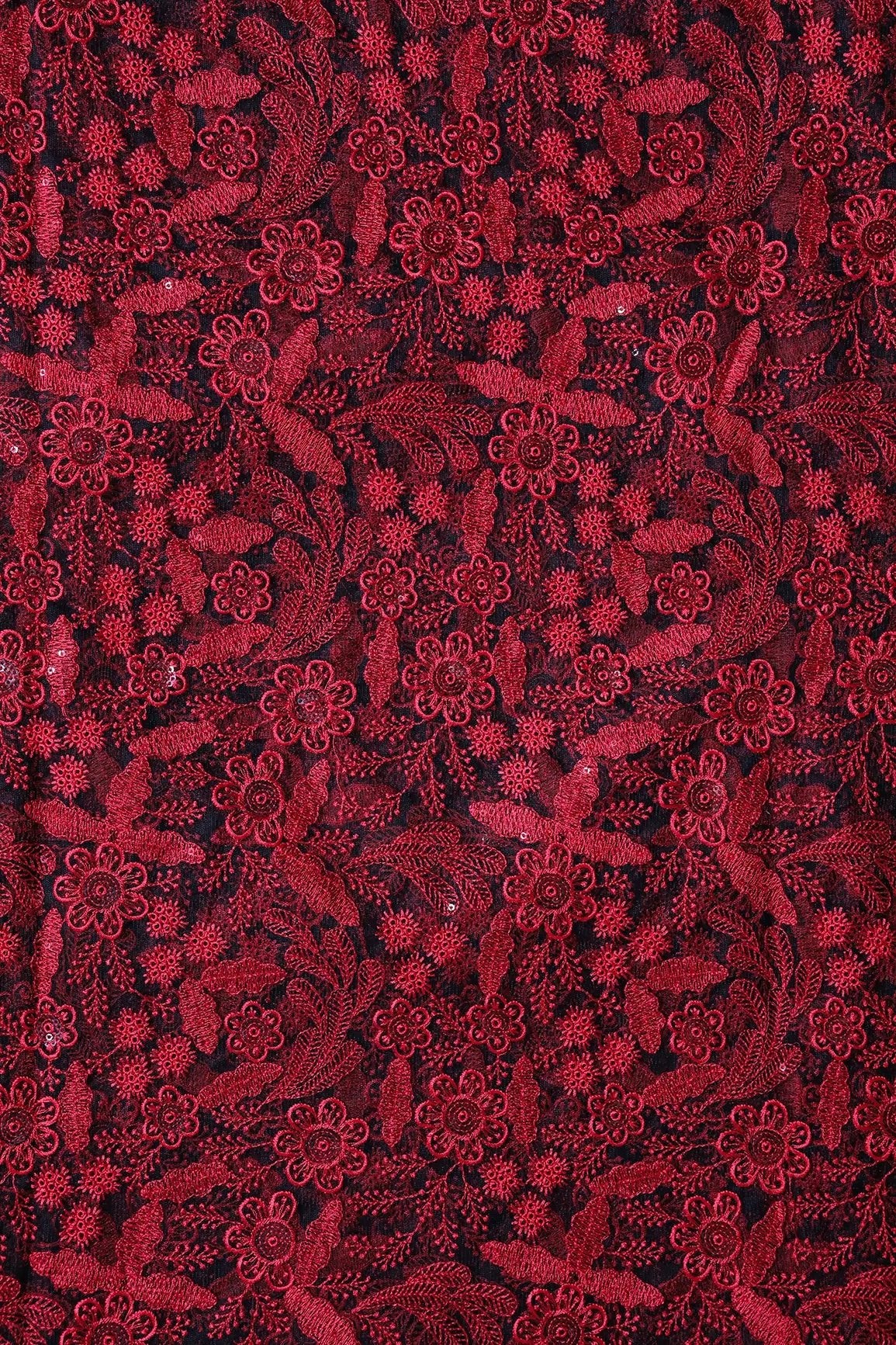 Red Thread With Sequins Floral Embroidery On Black Soft Net Fabric - doeraa