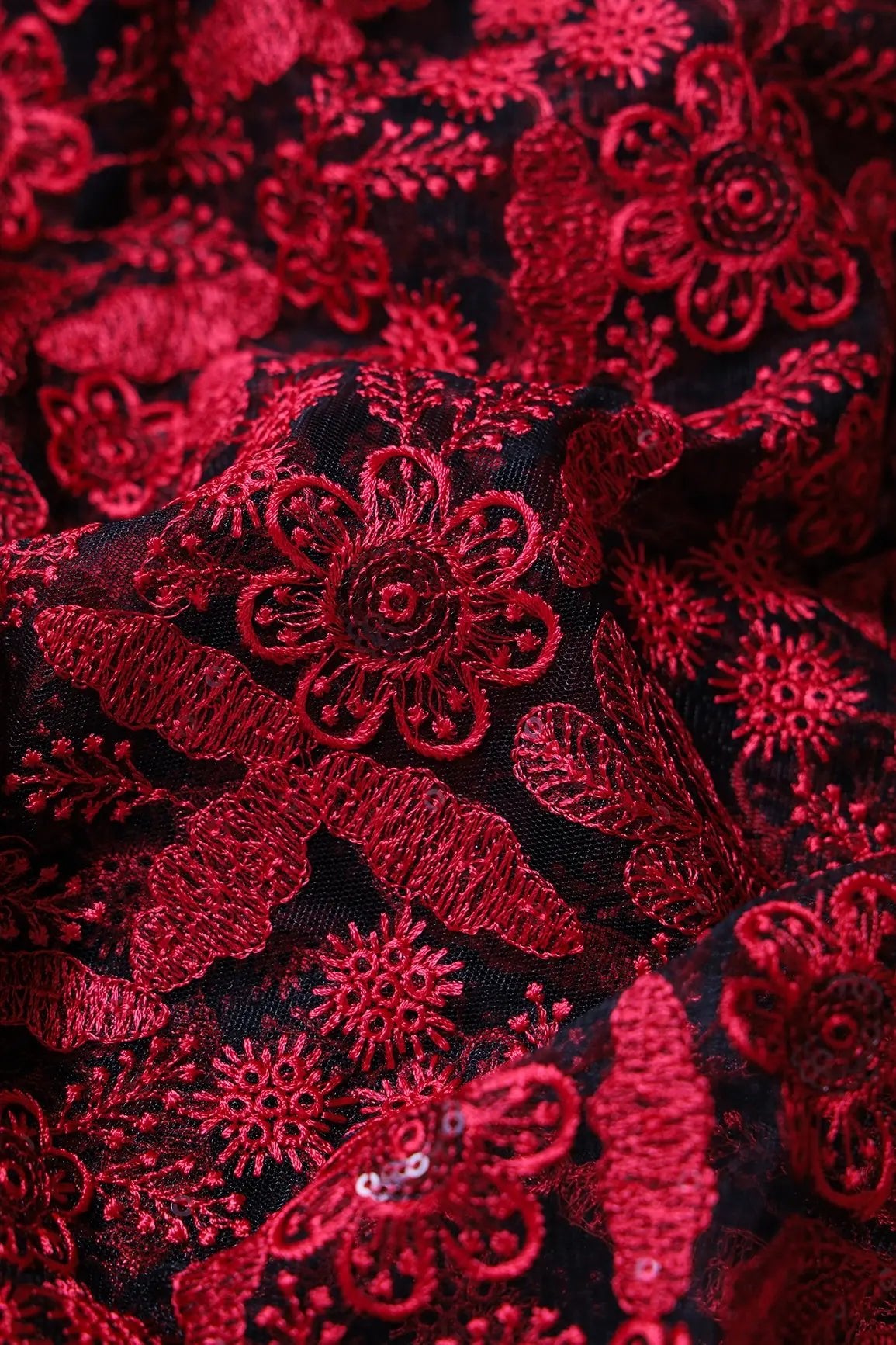 Red Thread With Sequins Floral Embroidery On Black Soft Net Fabric - doeraa