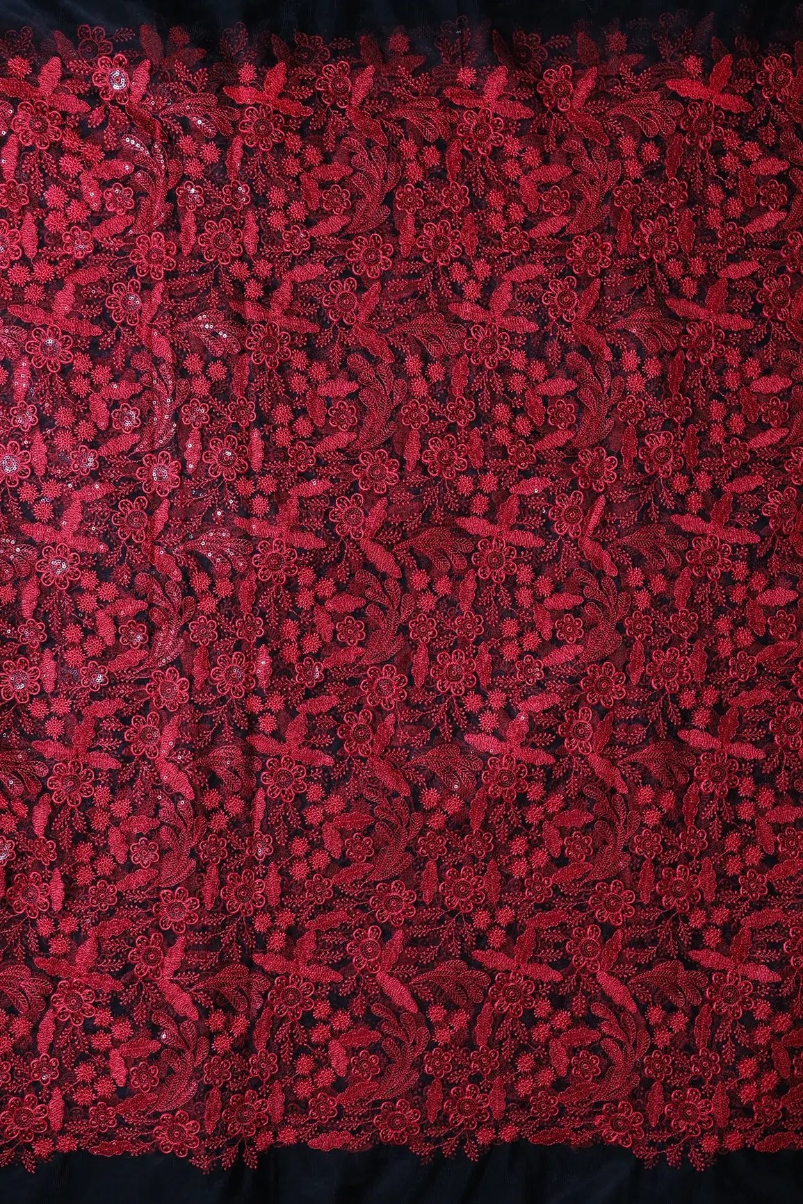 Red Thread With Sequins Floral Embroidery On Black Soft Net Fabric - doeraa