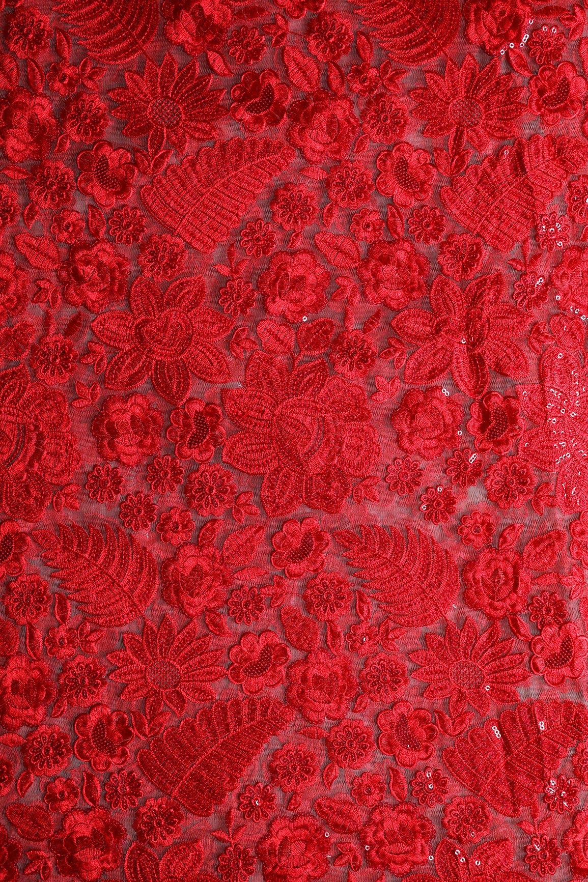 Red Thread With Sequins Heavy Floral Embroidery On Beige Soft Net Fabric - doeraa