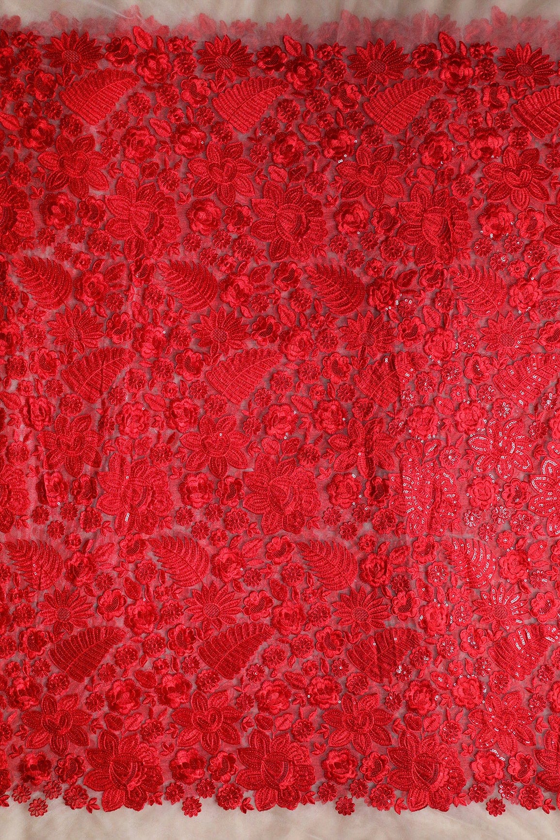 Red Thread With Sequins Heavy Floral Embroidery On Beige Soft Net Fabric - doeraa