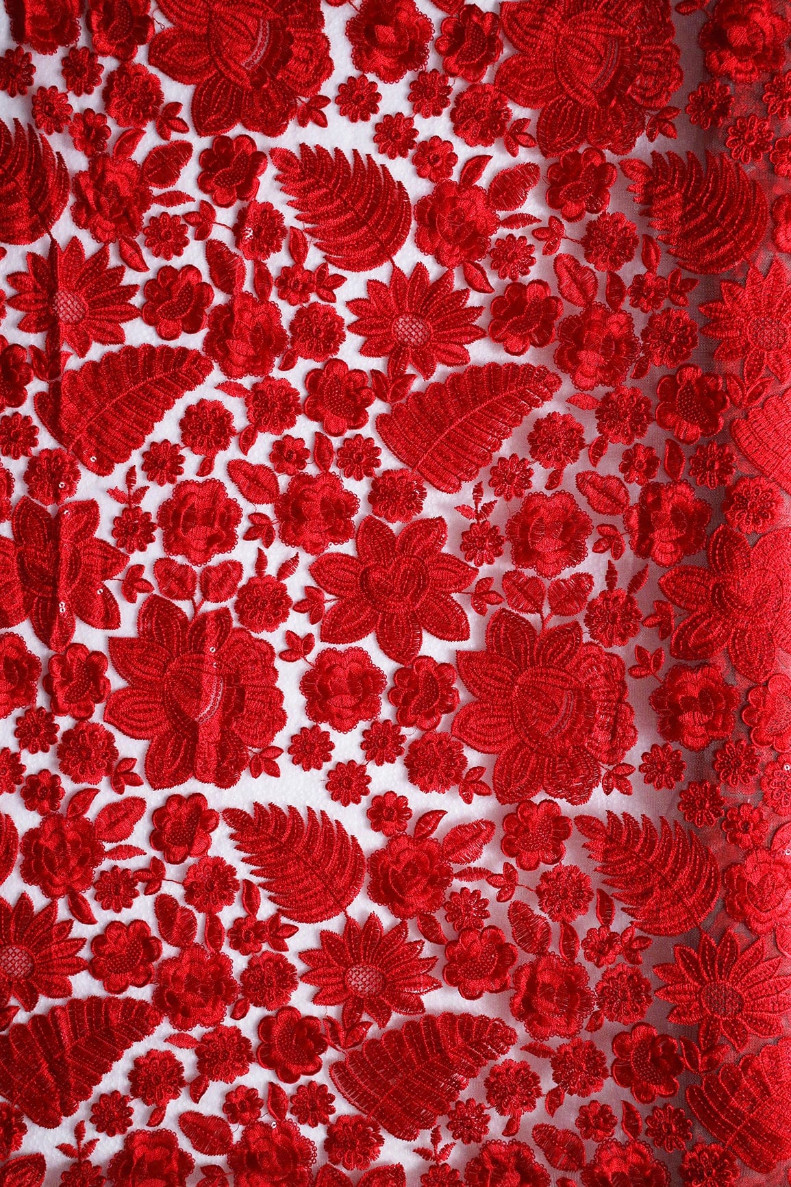 Red Thread With Sequins Heavy Floral Embroidery On Beige Soft Net Fabric - doeraa
