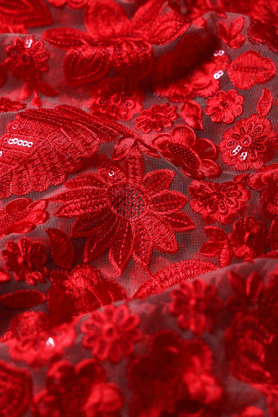Red Thread With Sequins Heavy Floral Embroidery On Beige Soft Net Fabric - doeraa