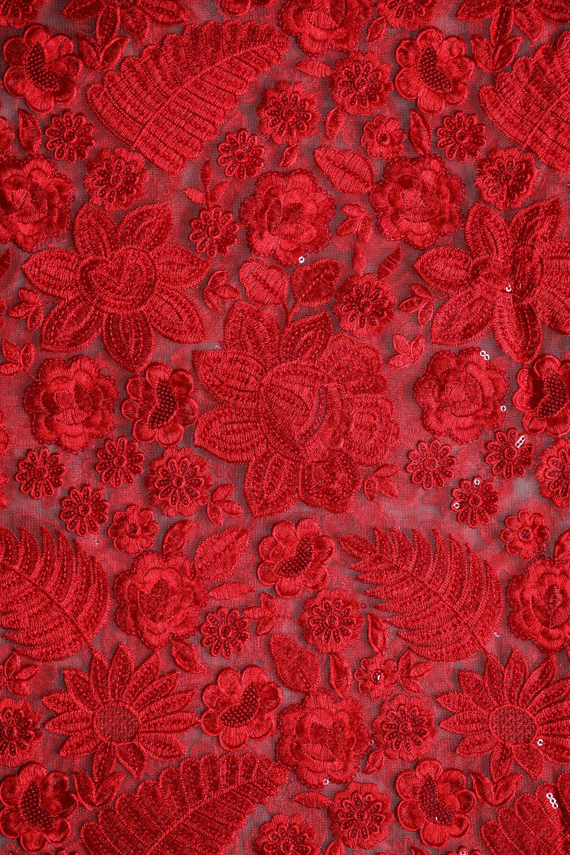 Red Thread With Sequins Heavy Floral Embroidery On Beige Soft Net Fabric - doeraa