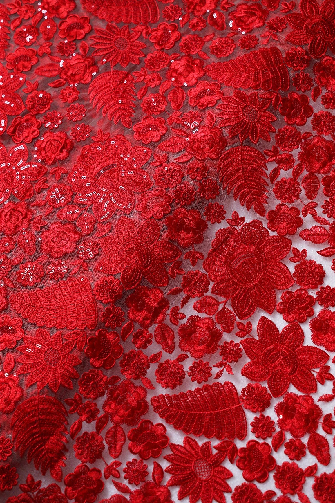 Red Thread With Sequins Heavy Floral Embroidery On Beige Soft Net Fabric - doeraa