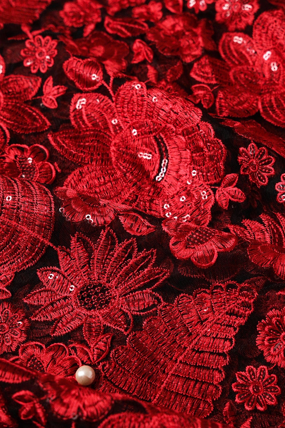 Red Thread With Sequins Heavy Floral Embroidery On Black Soft Net Fabric - doeraa