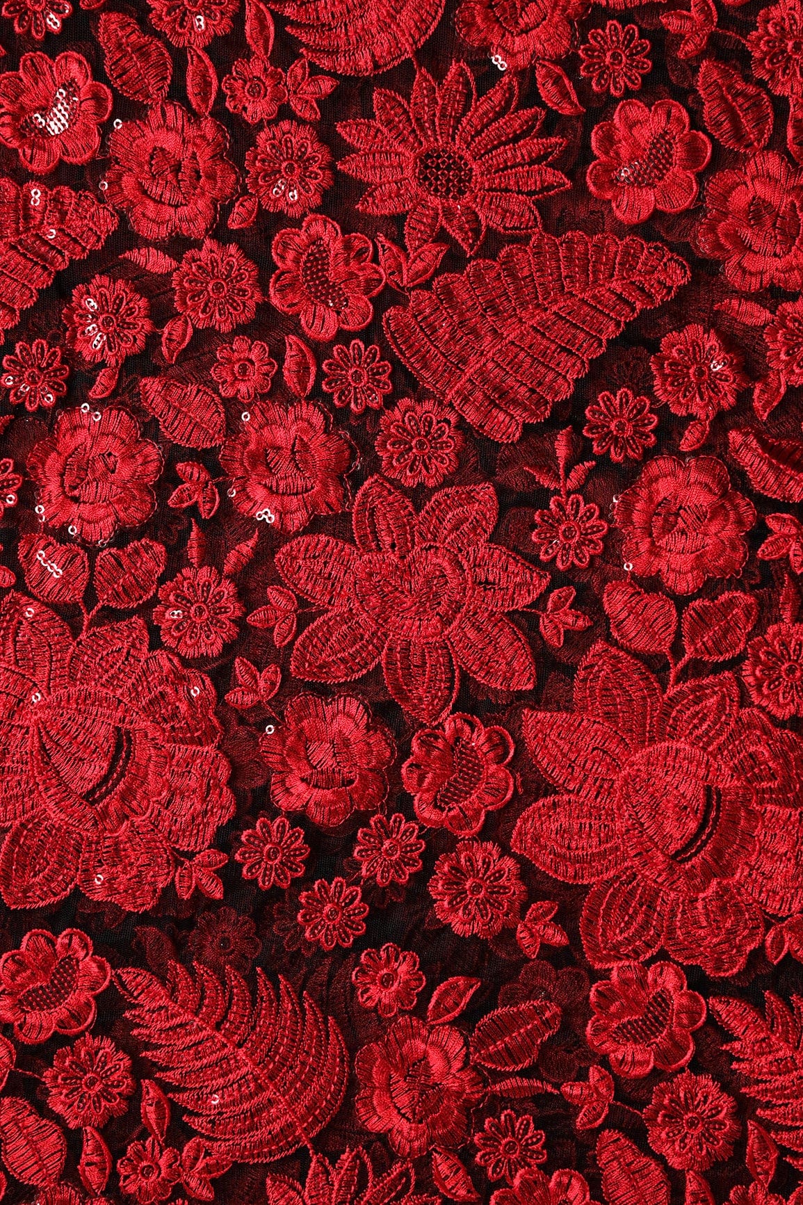 Red Thread With Sequins Heavy Floral Embroidery On Black Soft Net Fabric - doeraa