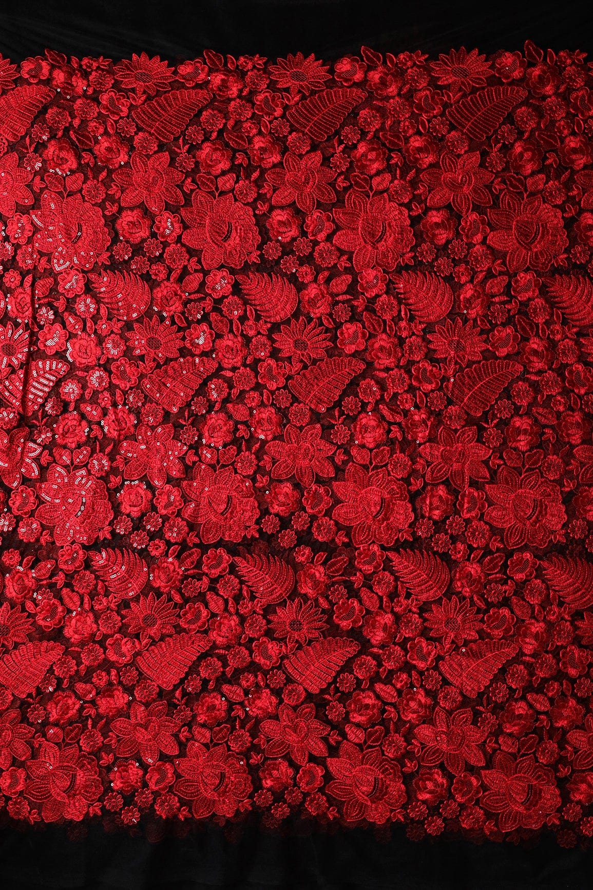 Red Thread With Sequins Heavy Floral Embroidery On Black Soft Net Fabric - doeraa