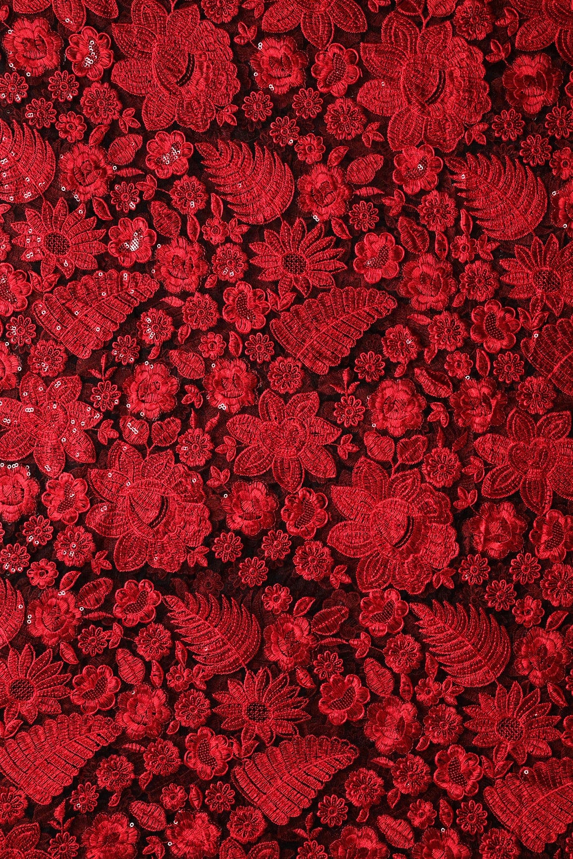 Red Thread With Sequins Heavy Floral Embroidery On Black Soft Net Fabric - doeraa