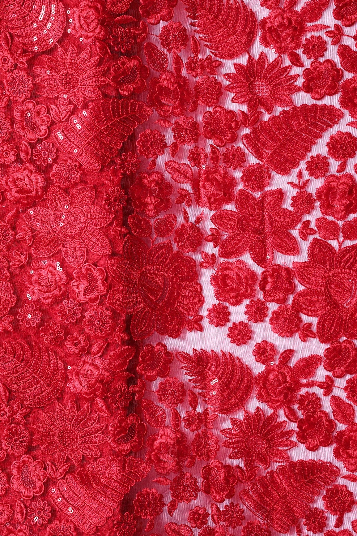 Red Thread With Sequins Heavy Floral Embroidery On Red Soft Net Fabric - doeraa