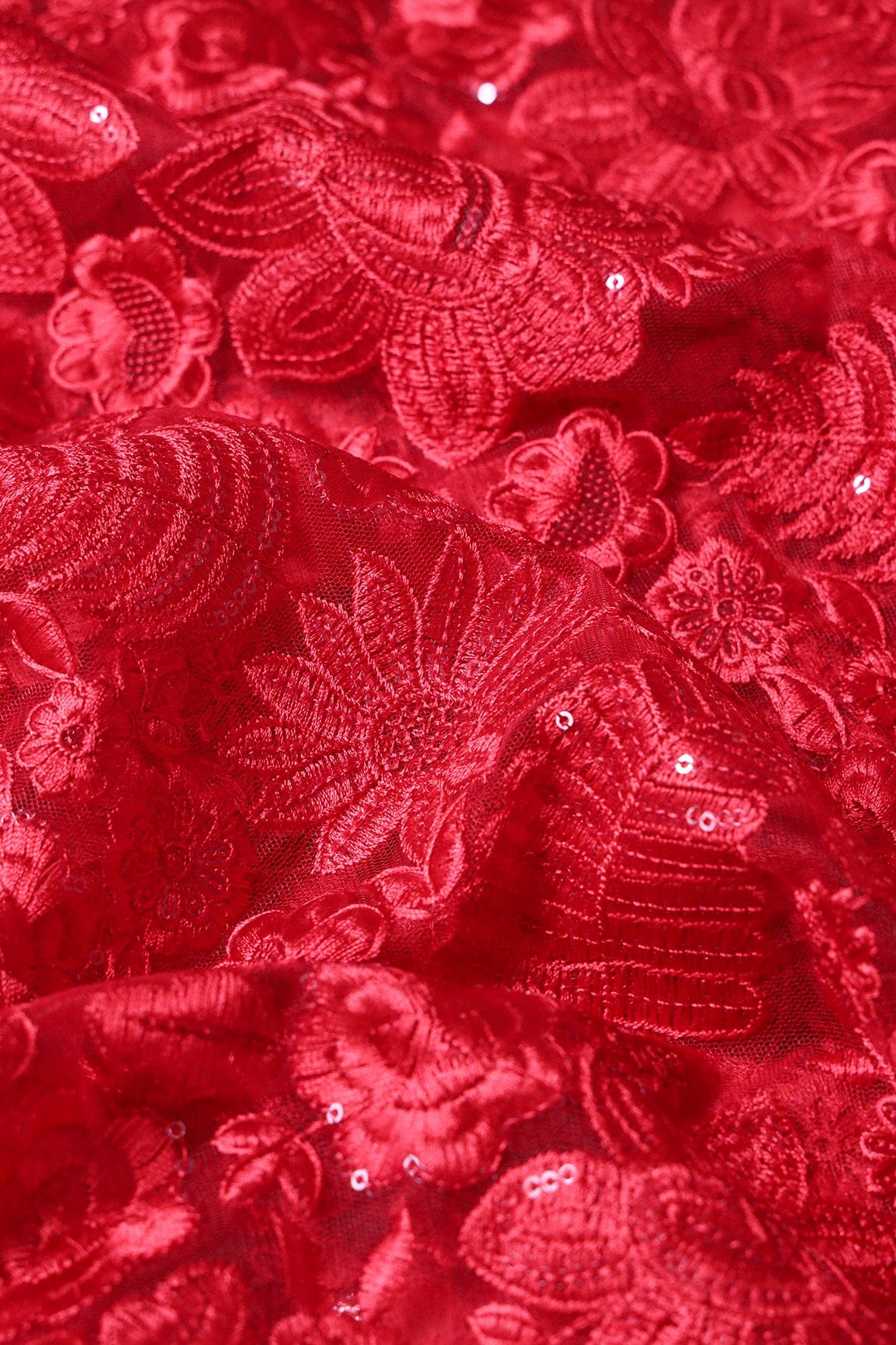 Red Thread With Sequins Heavy Floral Embroidery On Red Soft Net Fabric - doeraa