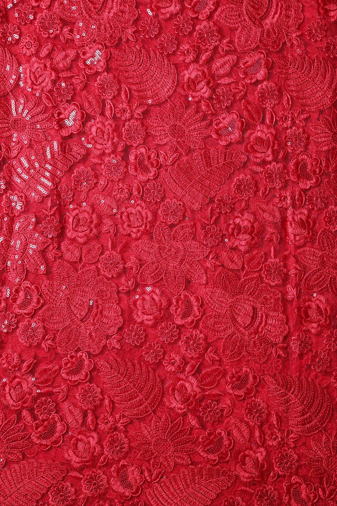 Red Thread With Sequins Heavy Floral Embroidery On Red Soft Net Fabric - doeraa