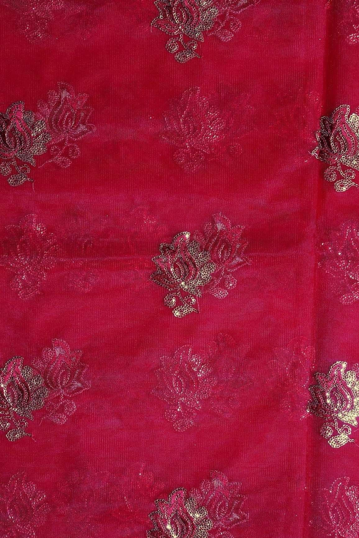 Red Thread With Small Gold Sequins Floral Embroidery Work On Red Soft Net Fabric - doeraa