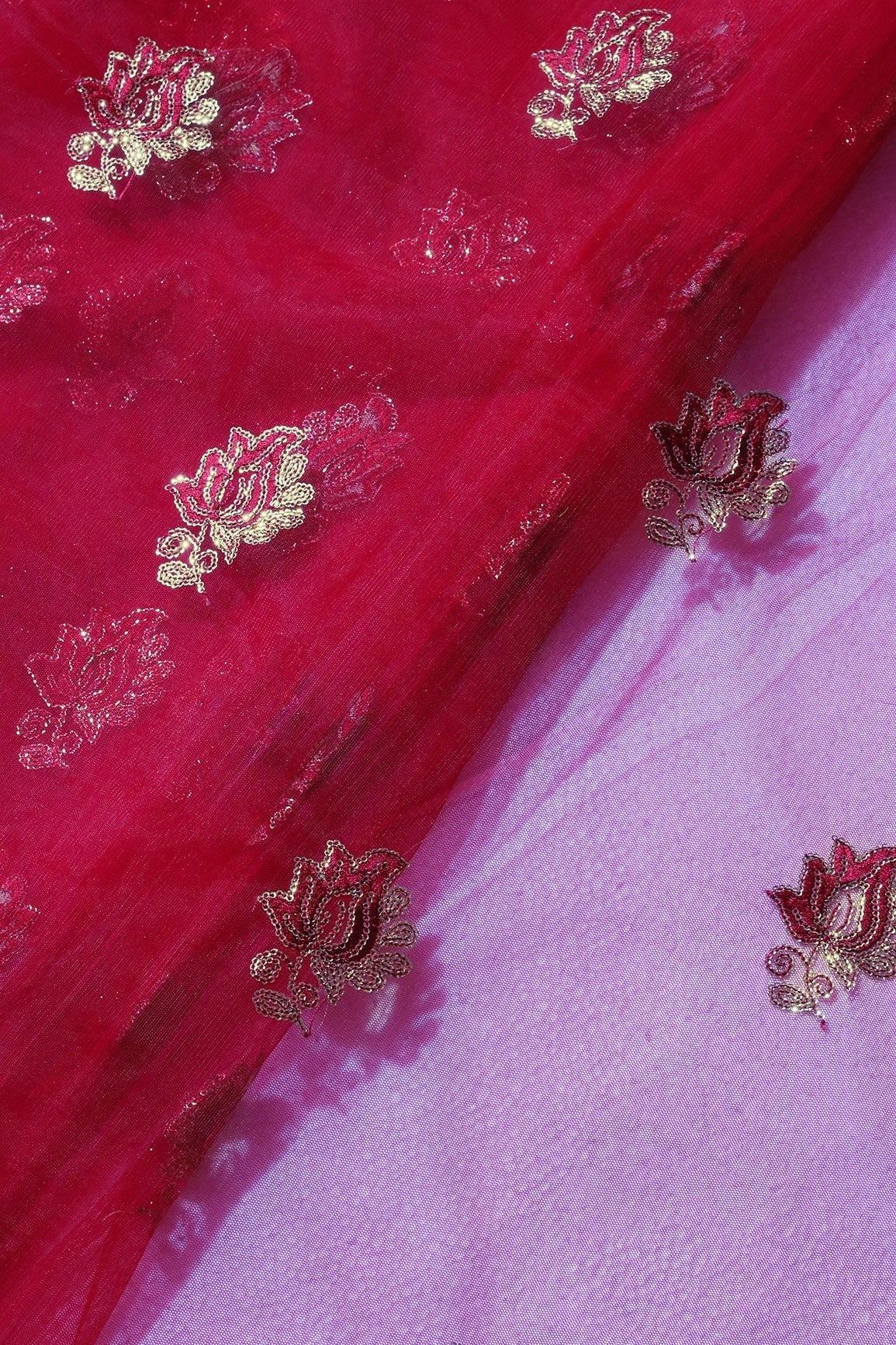 Red Thread With Small Gold Sequins Floral Embroidery Work On Red Soft Net Fabric - doeraa