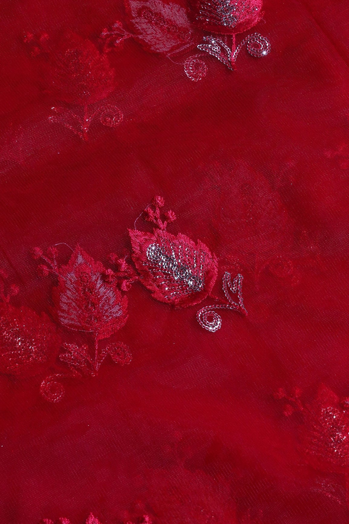 Red Thread With Small Gold Sequins Leafy Embroidery Work On Red Soft Net Fabric - doeraa