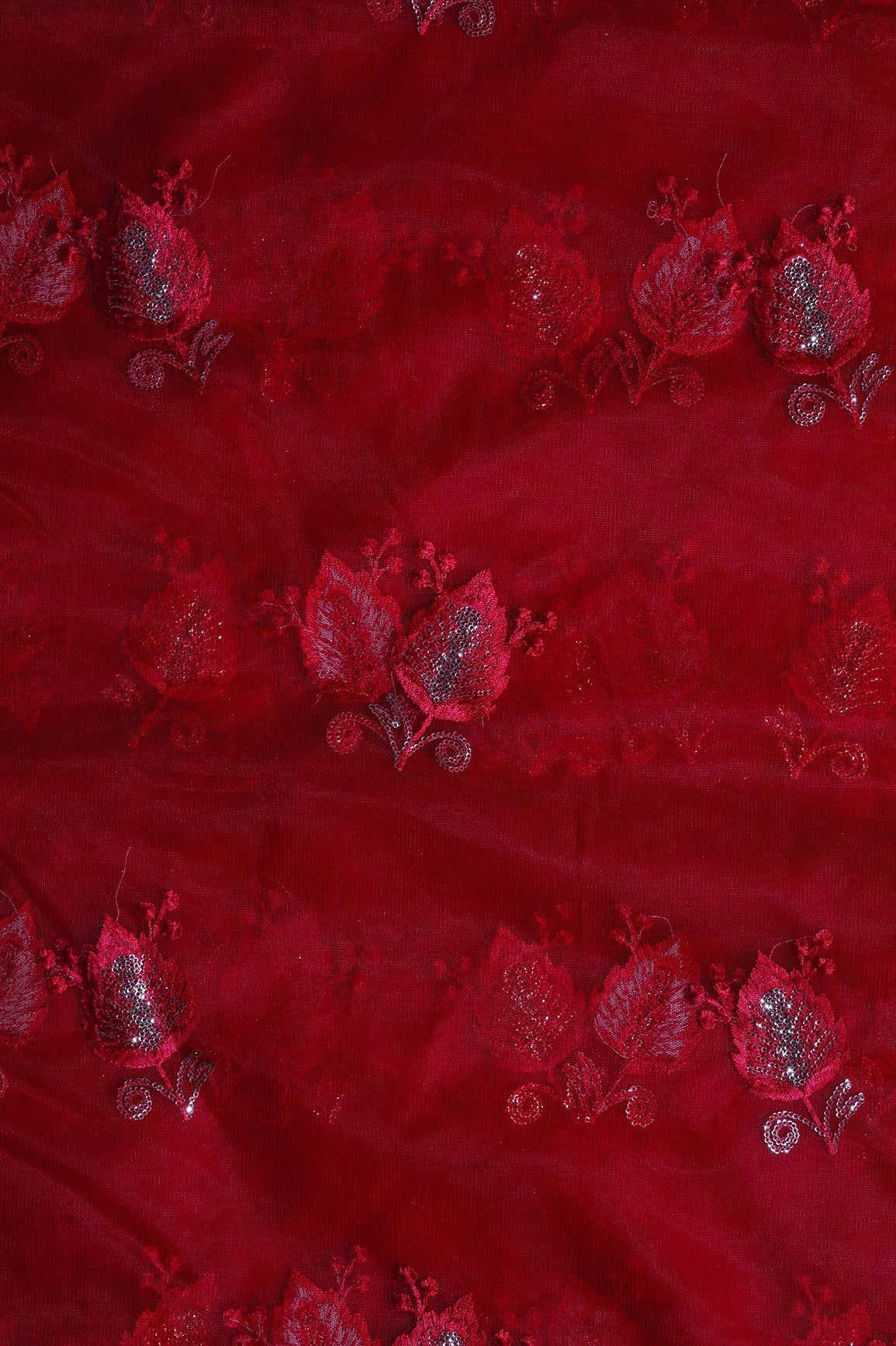 Red Thread With Small Gold Sequins Leafy Embroidery Work On Red Soft Net Fabric - doeraa