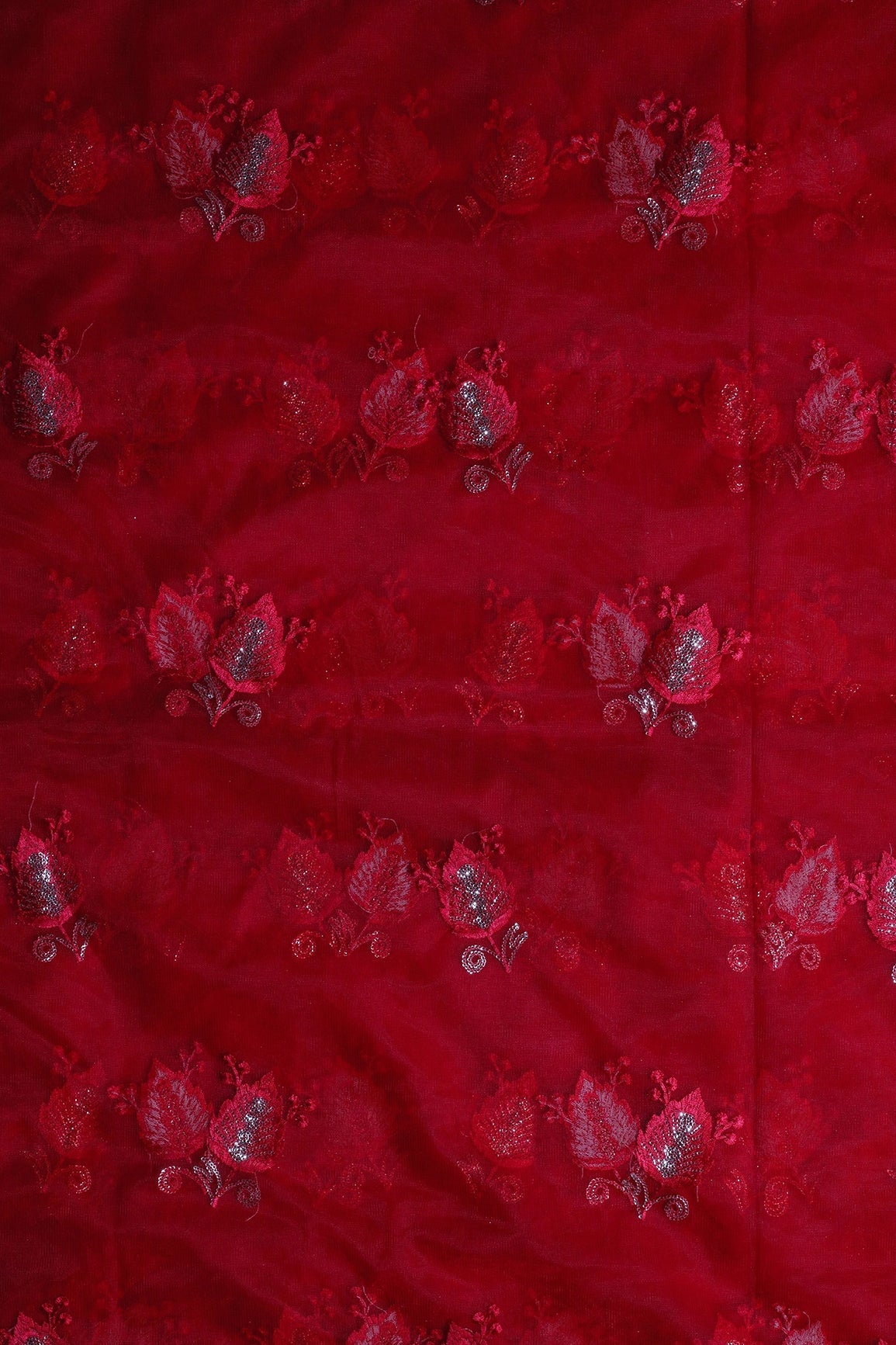 Red Thread With Small Gold Sequins Leafy Embroidery Work On Red Soft Net Fabric - doeraa