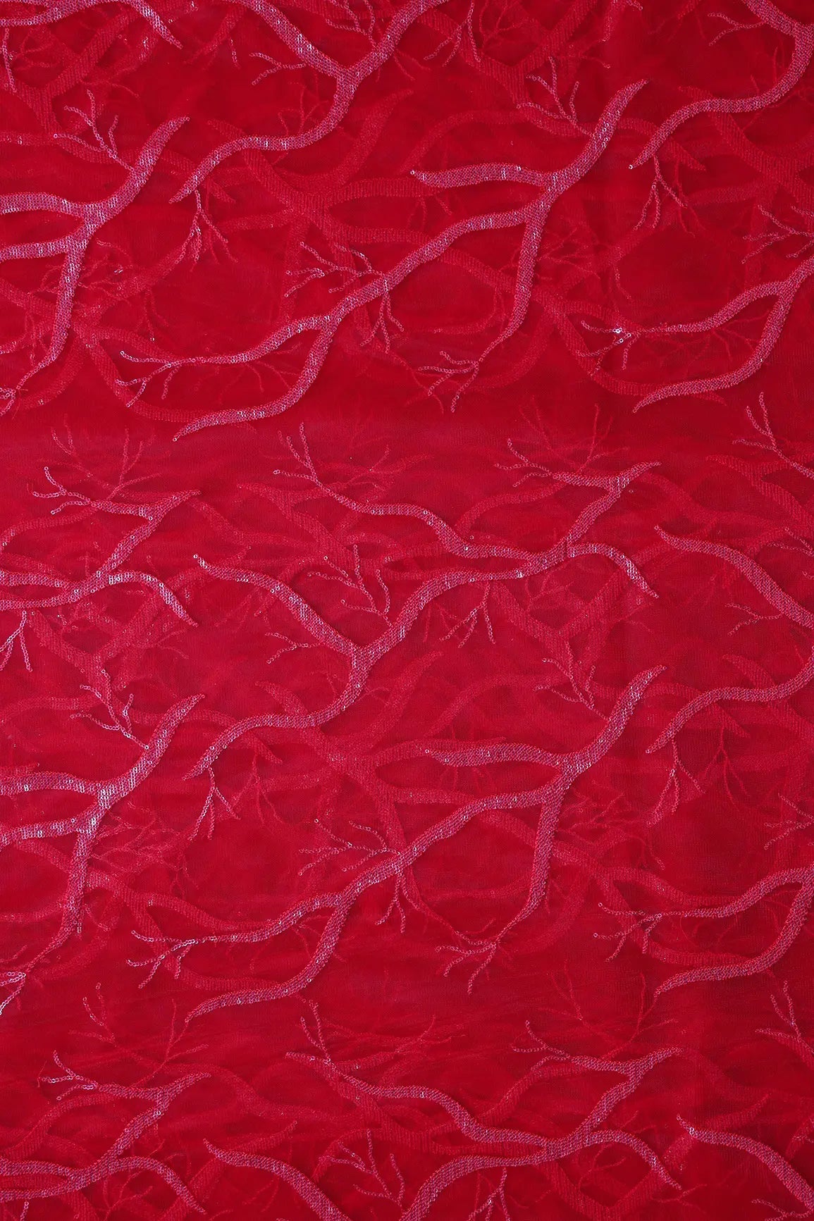 Red Thread With Water Sequins Abstract Embroidery Work On Red Soft Net Fabric - doeraa