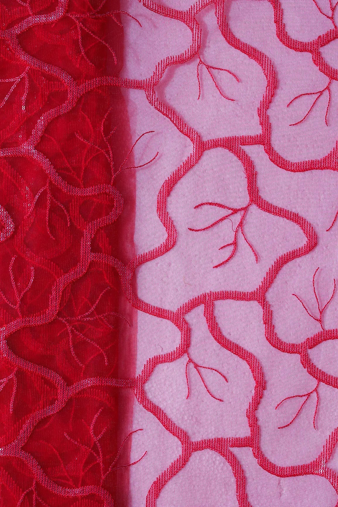 Red Thread With Water Sequins Abstract Embroidery Work On Red Soft Net Fabric - doeraa