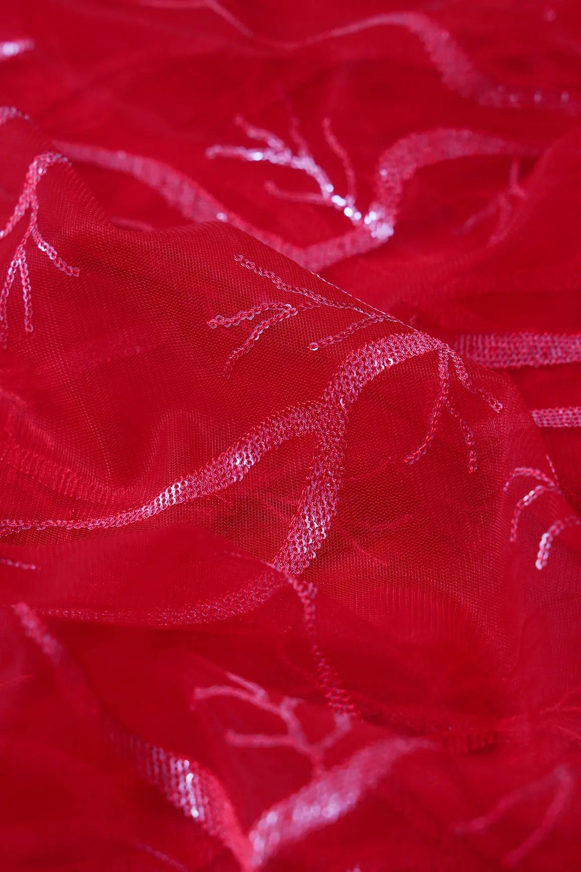 Red Thread With Water Sequins Abstract Embroidery Work On Red Soft Net Fabric - doeraa