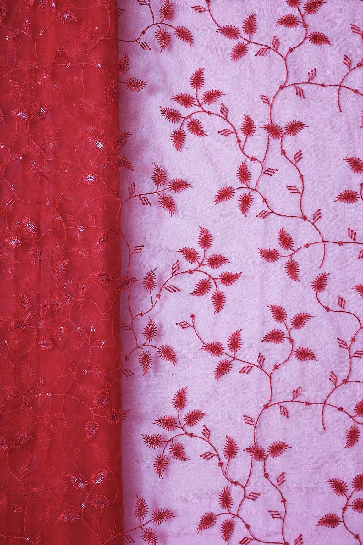 Red Thread With Water Sequins Beautiful Leafy Embroidery On Red Soft Net Fabric - doeraa