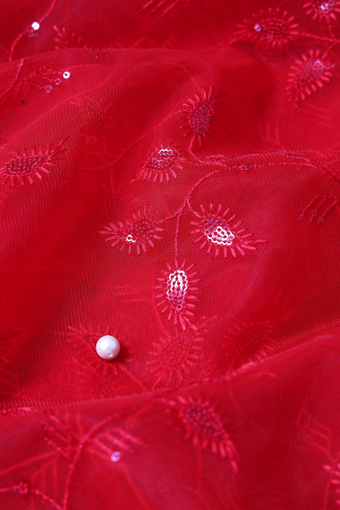 Red Thread With Water Sequins Beautiful Leafy Embroidery On Red Soft Net Fabric - doeraa