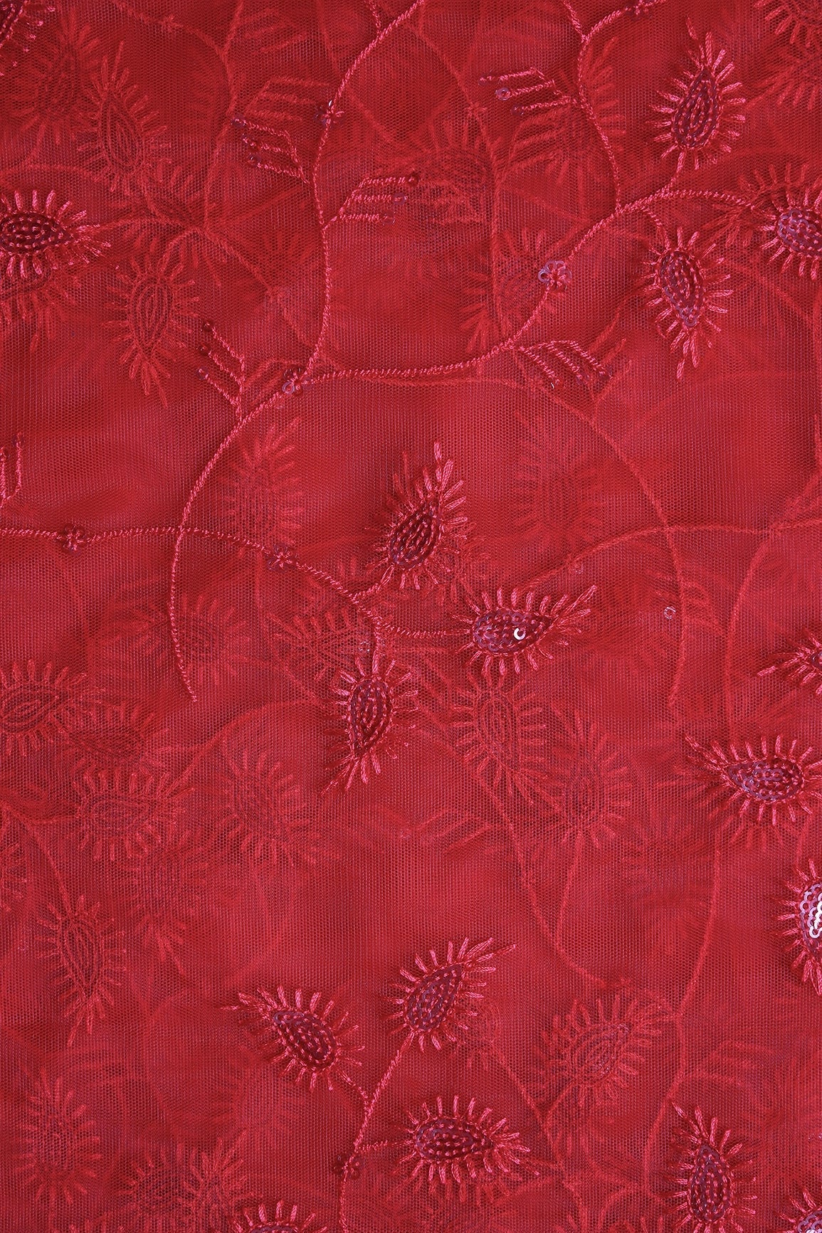 Red Thread With Water Sequins Beautiful Leafy Embroidery On Red Soft Net Fabric - doeraa