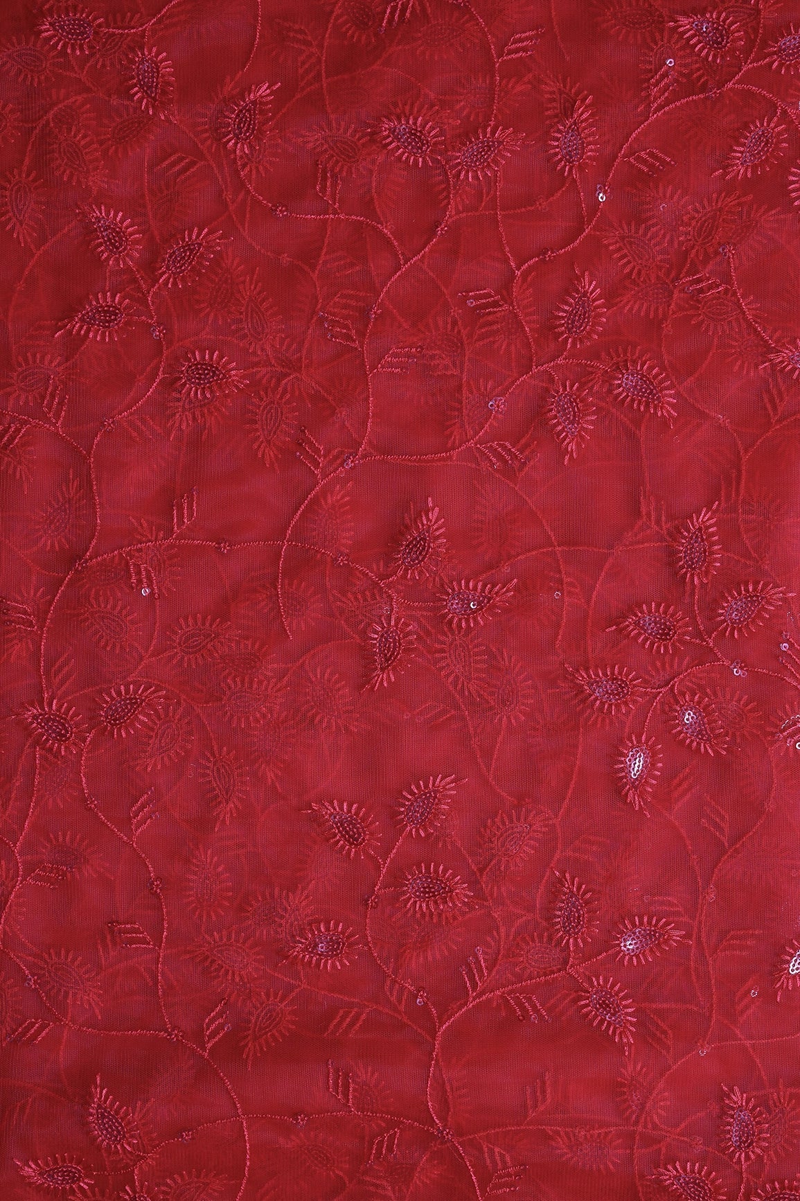 Red Thread With Water Sequins Beautiful Leafy Embroidery On Red Soft Net Fabric - doeraa